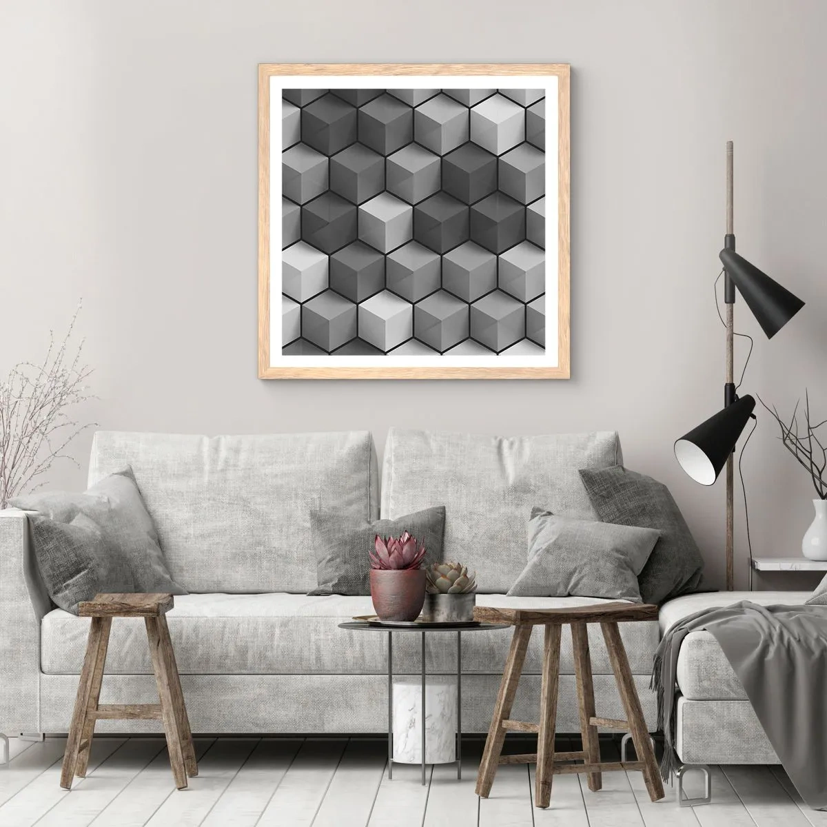 Poster în ramă de stejar deschis - Puzzle cubist - 40x40 cm