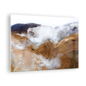 Tablou pe sticlă - Vedere aeriană a dealurilor și văilor islandeze fierbinți - 70x50cm - Frumusețea sălbatică a Islandei - Decorațiune modernă pentru perete pentru living și dormitor ARTTOR