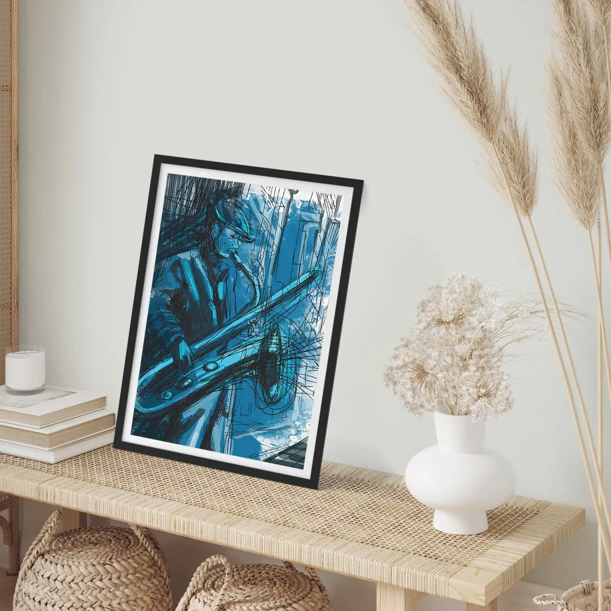 Poster în ramă neagră - Schiță artistică a unui muzician cântând la saxofon - 50x70cm - Rapsodie urbană - Decorațiune modernă pentru perete pentru living și dormitor ARTTOR