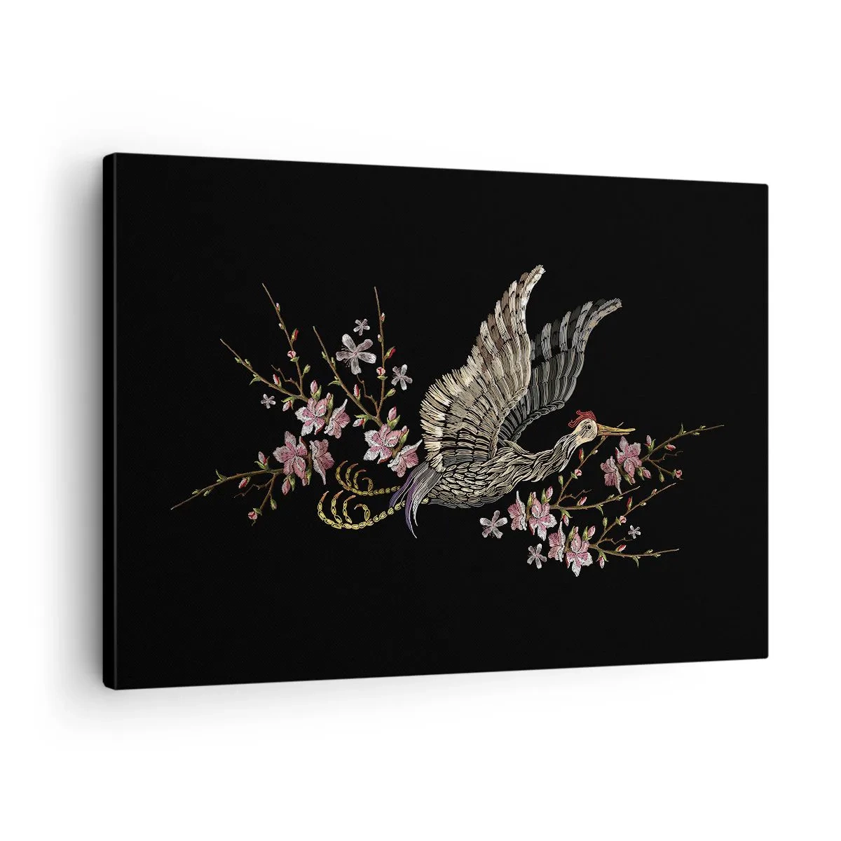 Tablou pe pânză Canvas - O pasăre în zbor cu flori pe un fundal negru - 70x50cm - Pasăre exotică brodată - Decorațiune modernă pentru perete pentru living și dormitor ARTTOR