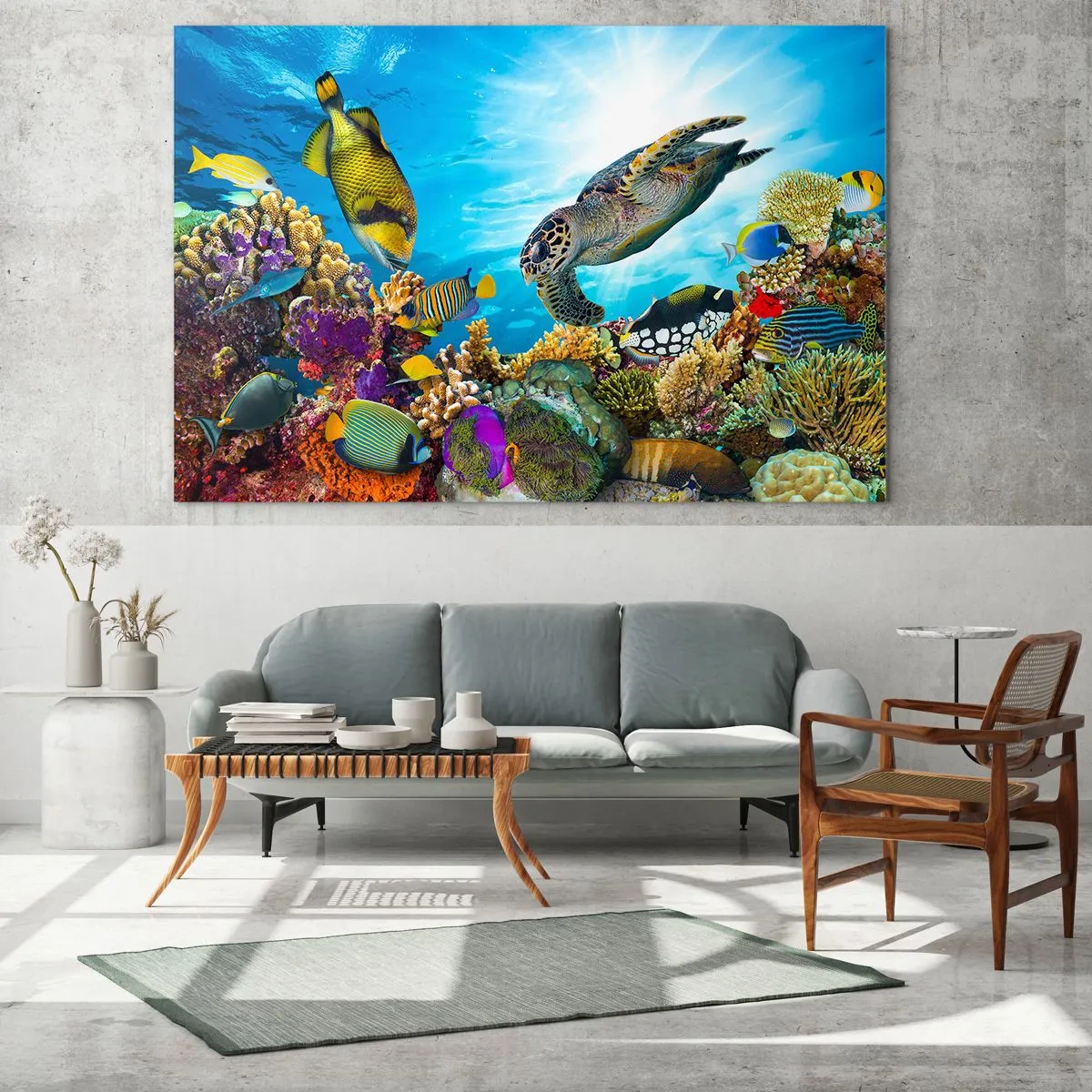 Tablou pe sticlă - Scenă subacvatică cu broaște țestoase, pești și corali - 70x50cm - Promenada de corali - Decorațiune modernă pentru perete pentru living și dormitor ARTTOR