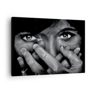 Tablou pe pânză Canvas - Portret alb-negru al unei femei care își acoperă fața cu mâinile. - 70x50cm - Nu spun cine le-a pictat - Decorațiune modernă pentru perete pentru living și dormitor ARTTOR