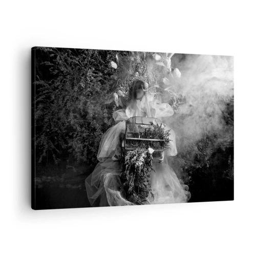 Tablou pe pânză Canvas - O compoziție alb-negru cu o figură în rochie și o cușcă în ceață. - 70x50cm - Mama însăși - Natura - Decorațiune modernă pentru perete pentru living și dormitor ARTTOR