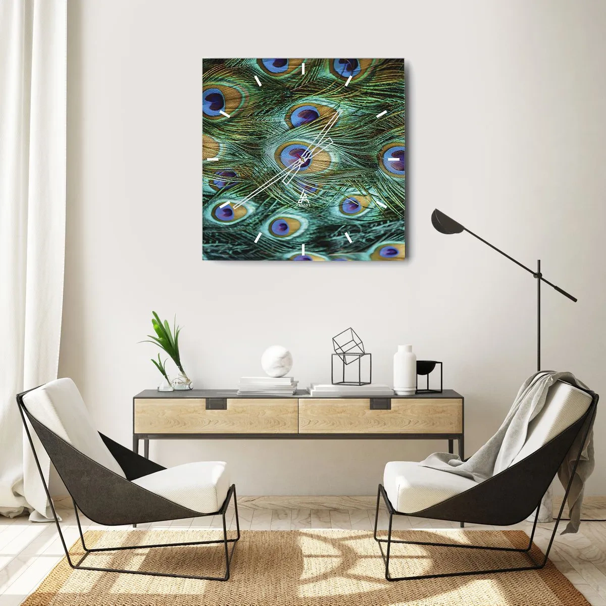 Ceas de perete - Ceas pe sticlă - O privire cu ochi de păun - 30x30 cm