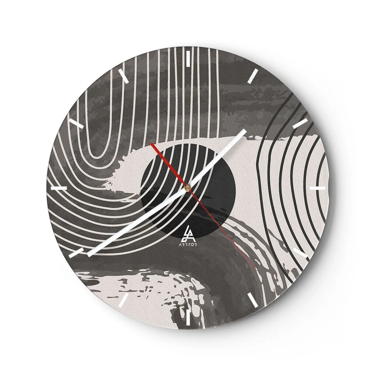 Ceas de perete - Ceas pe sticlă - Linii albe și negre într-un ritm ondulat care înconjoară un cerc negru - 30x30cm - Ovalul câștigă - Decorațiune modernă pentru perete pentru living, bucătărie și dormitor ARTTOR