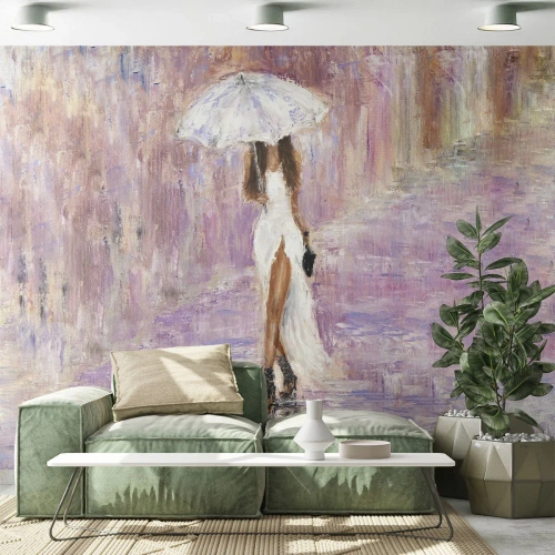 Tapet Premium Canvas - În ploaia de liliac - Femeie, Modă, Plimbare in ploaie - 400x280 cm