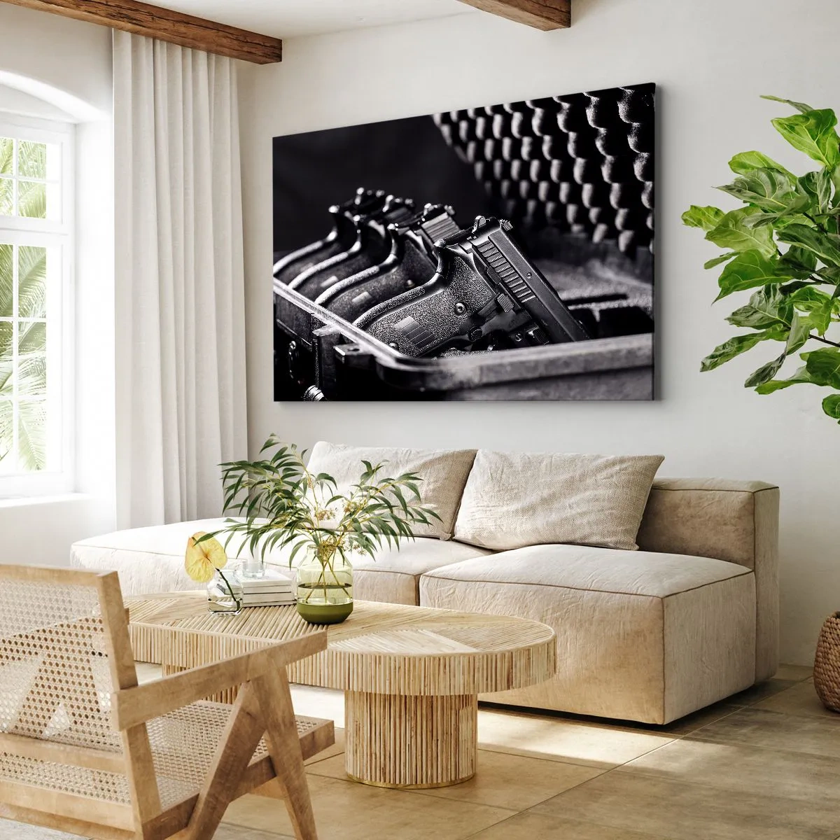 Tablou pe pânză Canvas - O imagine alb-negru a unui teanc de arme într-o valiză. - 70x50cm - Sport masculin - Decorațiune modernă pentru perete pentru living și dormitor ARTTOR