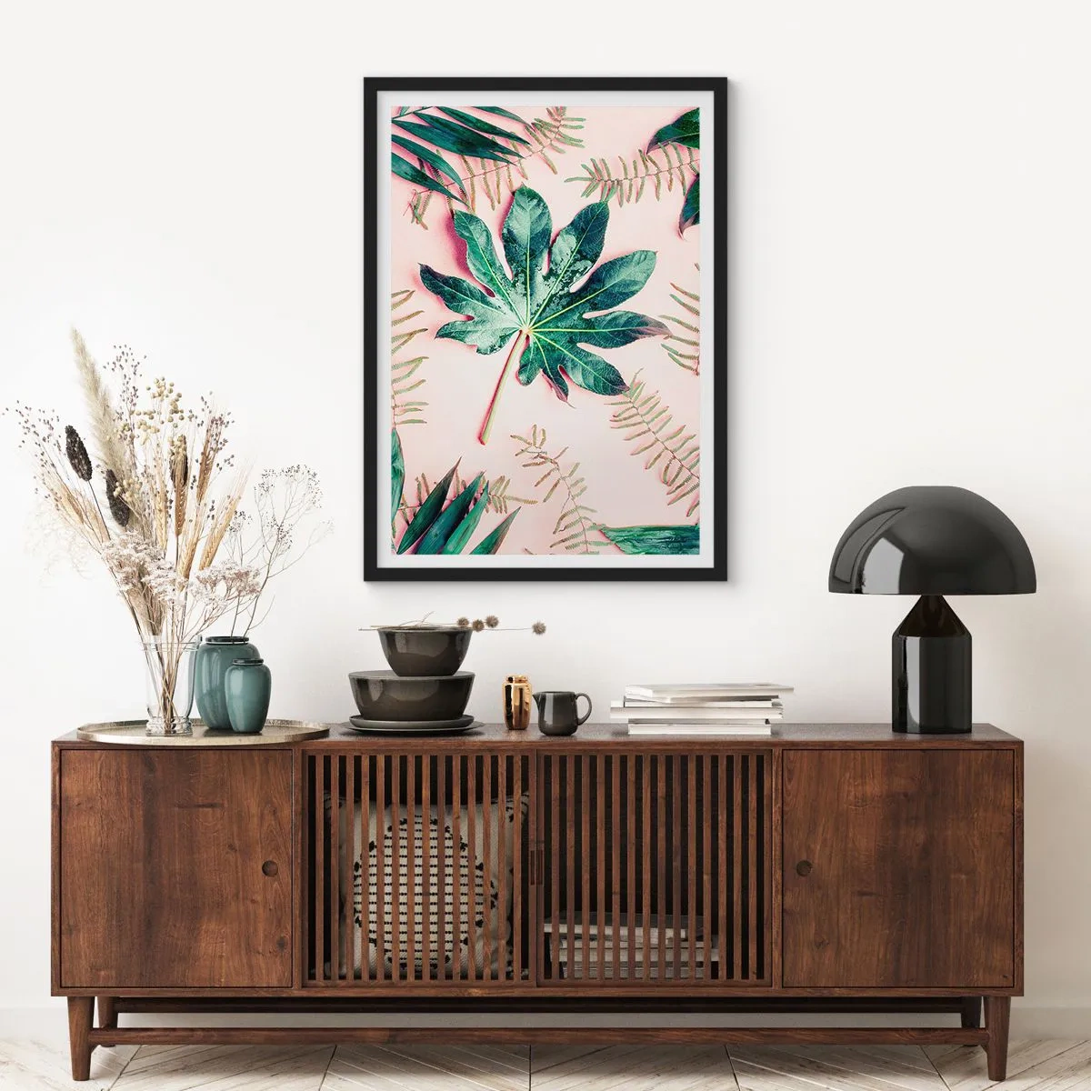 Poster în ramă neagră - Studiu de verdeață pe un fundal roz - 40x50 cm