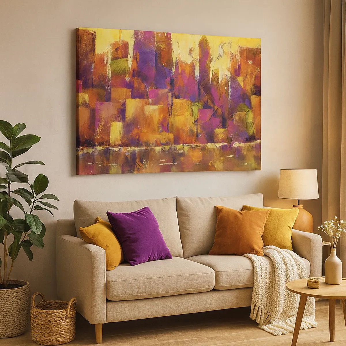 Tablou pe pânză Canvas - Compoziție abstractă a unei metropole în nuanțe de galben și violet - 70x50cm - Compoziția metropolitană - Decorațiune modernă pentru perete pentru living și dormitor ARTTOR