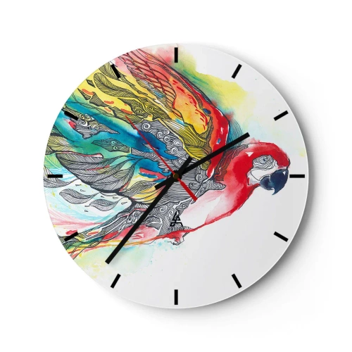 Ceas de perete - Ceas pe sticlă - Un papagal în culori intense cu modele decorative pe aripi - 30x30cm - Trăiește în culori - Decorațiune modernă pentru perete pentru living, bucătărie și dormitor ARTTOR