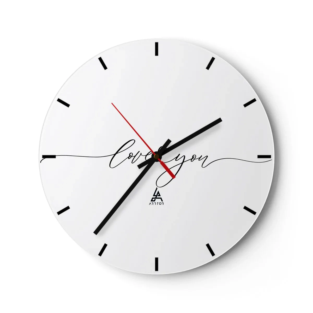 Ceas de perete - Ceas pe sticlă - Ceas alb minimalist cu inscripția „Te iubesc” - 30x30cm - Negru pe alb - Decorațiune modernă pentru perete pentru living, bucătărie și dormitor ARTTOR