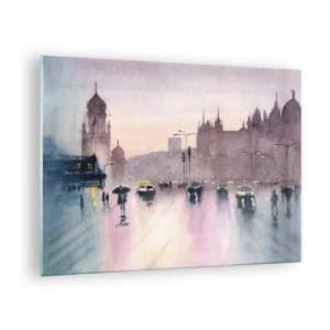 Tablou pe sticlă - peisaj urban ploios - 70x50cm - Într-o ceață ploioasă - Decorațiune modernă pentru perete pentru living și dormitor ARTTOR