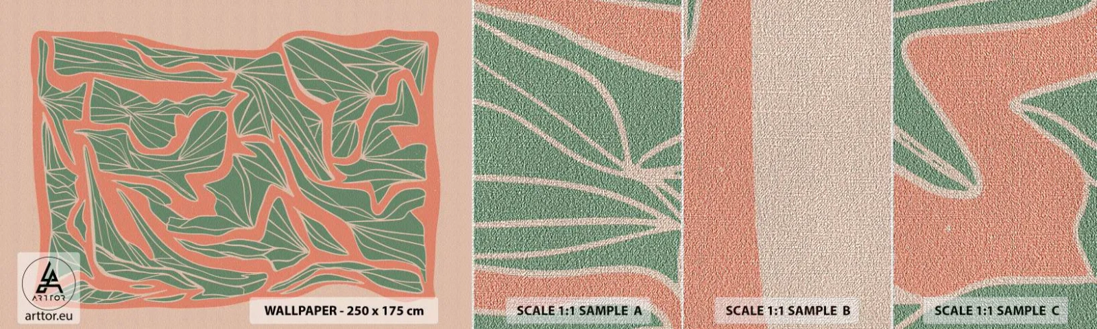 Mostră tapet Premium Canvas - Lupta dintre coral și verde - Boho, Pastel, Bucată - 100x30 cm