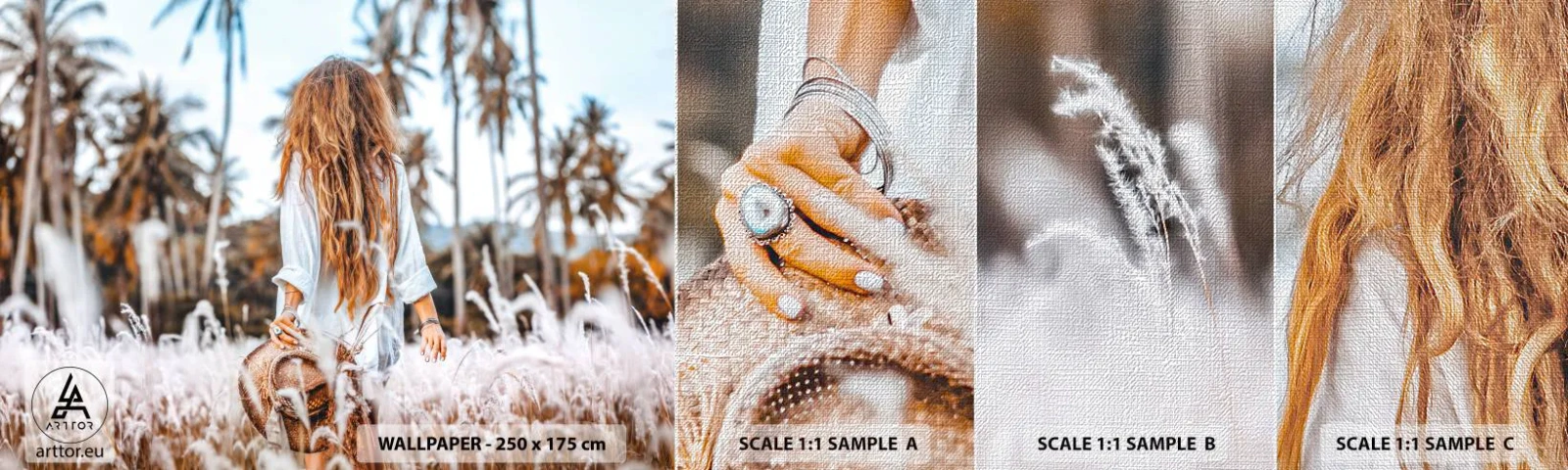 Mostră tapet Premium Canvas - Născută din puful de iarbă - Femeie, Epocă, Boho - 100x30 cm