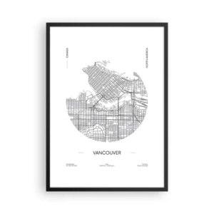Poster în ramă neagră - O hartă minimalistă alb-negru a orașului Vancouver - 50x70cm - Anatomia Vacouverului - Decorațiune modernă pentru perete pentru living și dormitor ARTTOR