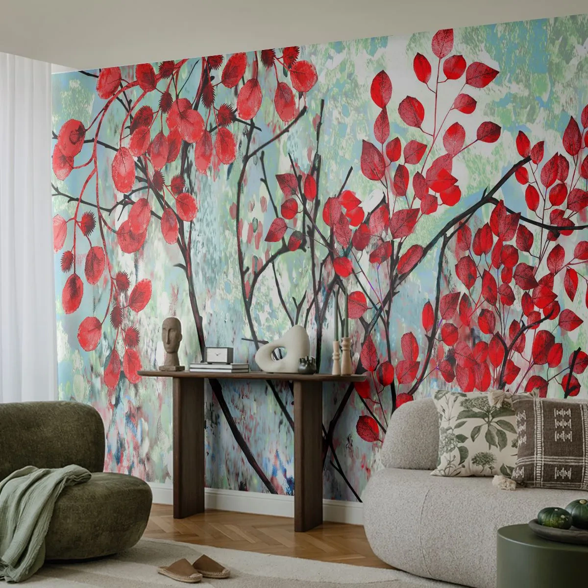 Tapet Autoadeziv Deluxe Sticker - Arbore în stacojiu - Abstracția, Frunze Roșii, Ramura - 250x175 cm