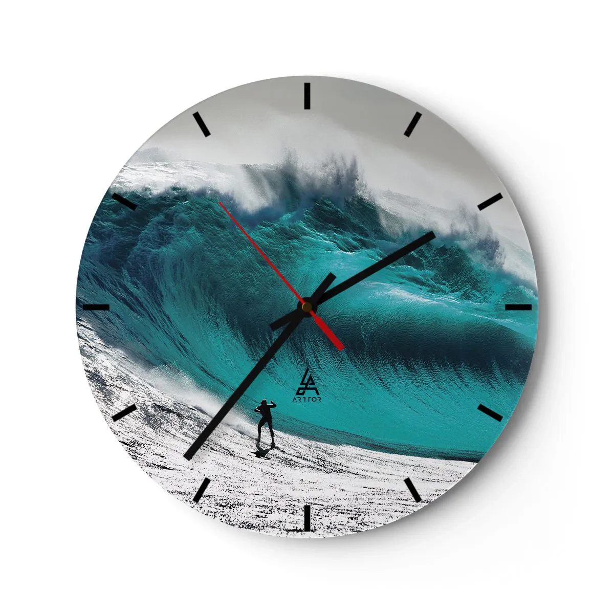 Ceas de perete - Ceas pe sticlă - Un surfer în fața unui val turcoaz gigantic - 30x30cm - Provocare acceptată - Decorațiune modernă pentru perete pentru living, bucătărie și dormitor ARTTOR