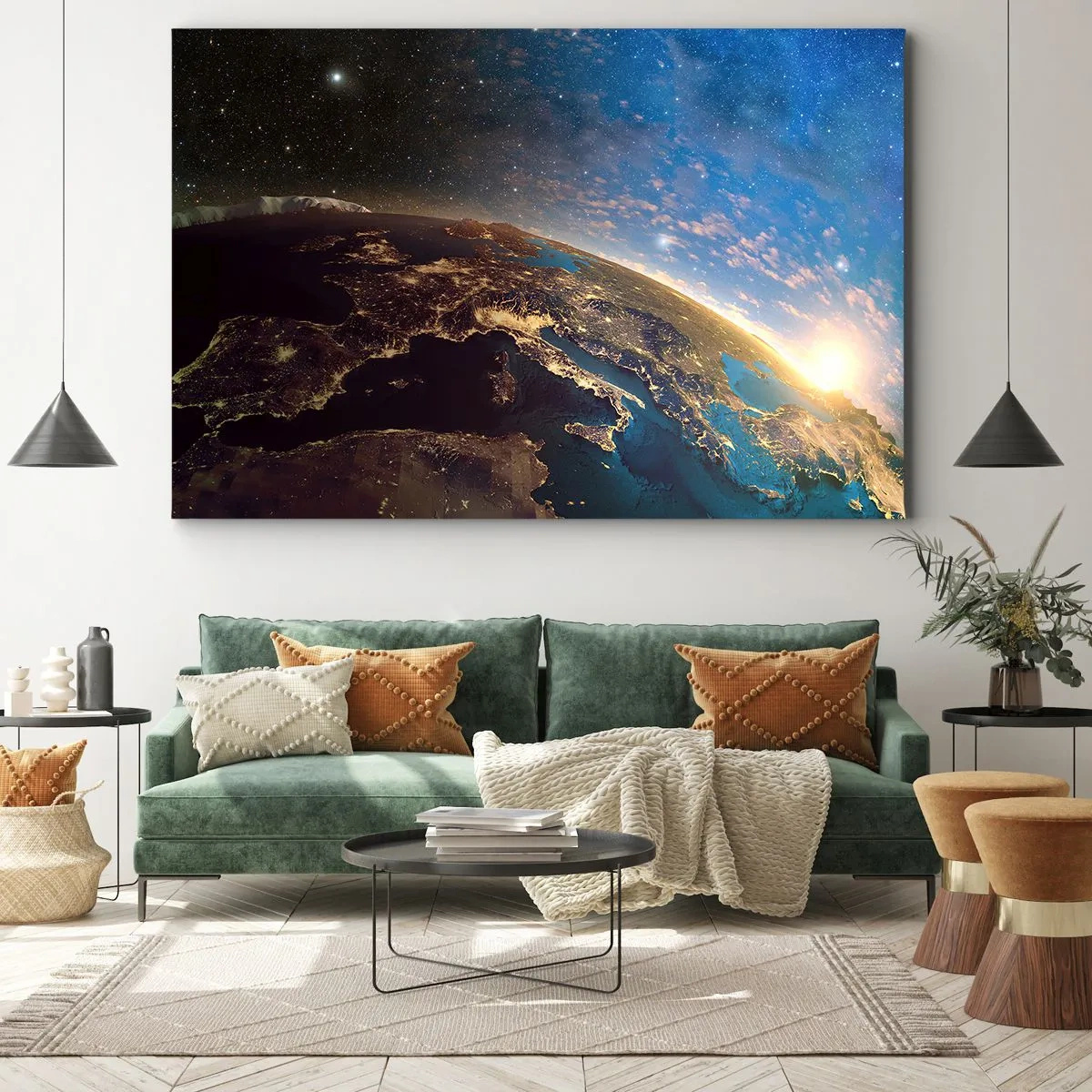 Tablou pe pânză Canvas - Vedere a Pământului din spațiu la răsăritul soarelui - 70x50cm - Să ne privim de la distanță - Decorațiune modernă pentru perete pentru living și dormitor ARTTOR