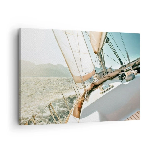 Tablou pe pânză Canvas - Un iaht pe marea deschisă cu vedere la munți - 70x50cm - Pânzele umflate de vânt - Decorațiune modernă pentru perete pentru living și dormitor ARTTOR