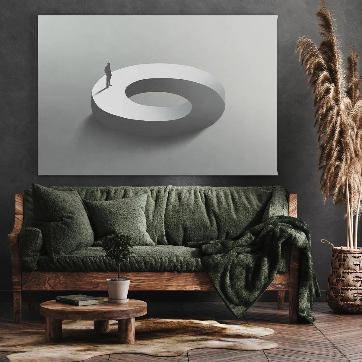 Tablou pe pânză Canvas - Un bărbat pe o structură gri, abstractă - 70x50cm - Înțelegi ceva? - Decorațiune modernă pentru perete pentru living și dormitor ARTTOR