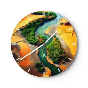 Ceas de perete - Ceas pe sticlă - Un râu șerpuiește printr-un peisaj deșertic verde - 30x30cm - Râul care dă viață - Decorațiune modernă pentru perete pentru living, bucătărie și dormitor ARTTOR
