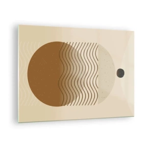 Tablou pe sticlă - Compoziție geometrică cu valuri și cercuri în culori bej - 70x50cm - Despre originea figurilor geometrice - Decorațiune modernă pentru perete pentru living și dormitor ARTTOR