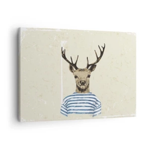 Tablou pe pânză Canvas - Un cerb într-o cămașă cu dungi pe un fundal deschis cu o textură delicată - 70x50cm - Pentru că îmi plac cămășile cu dungi! - Decorațiune modernă pentru perete pentru living și dormitor ARTTOR