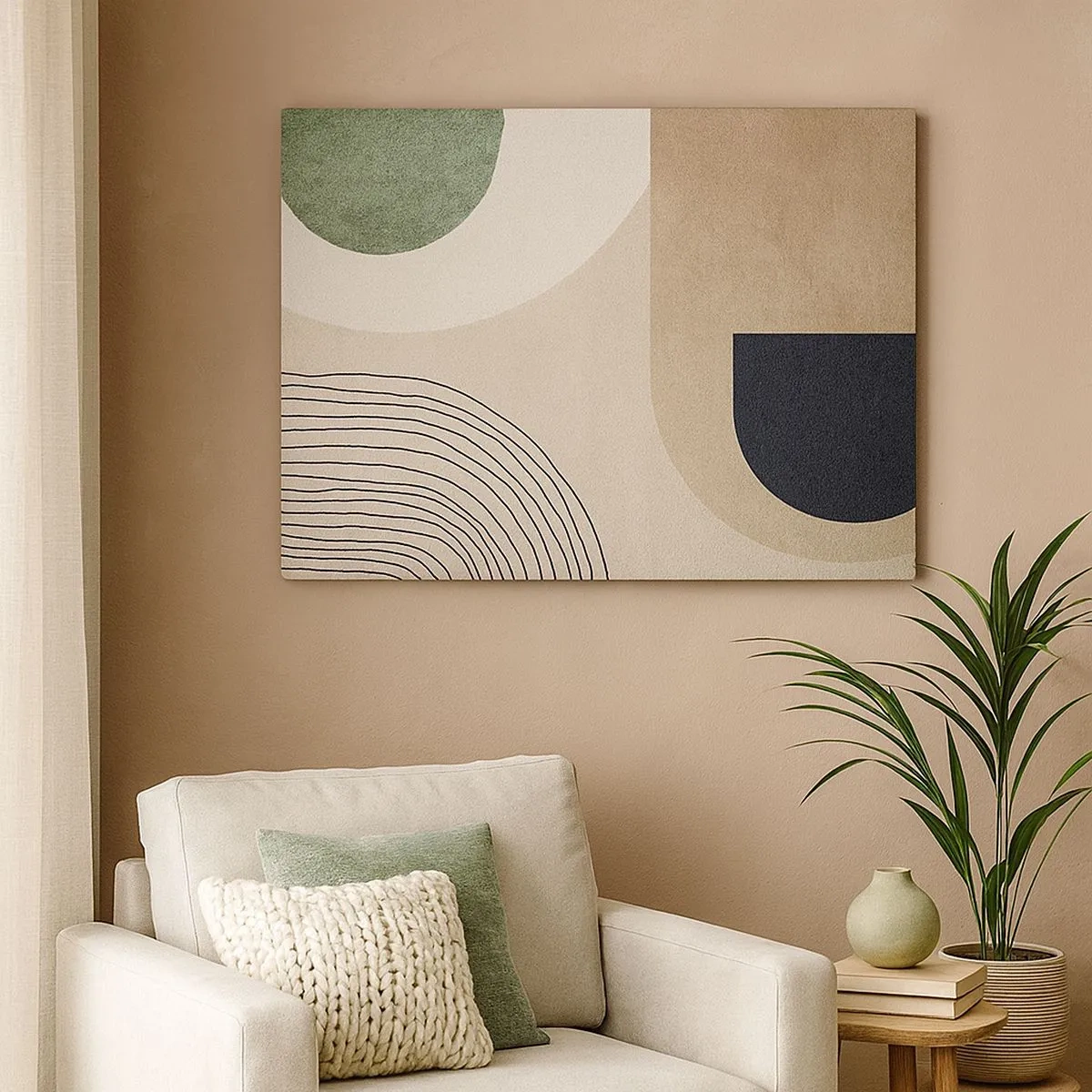 Tablou pe pânză Canvas - Forme geometrice în nuanțe de bej și verde - 70x50cm - Blândețea ovalului - Decorațiune modernă pentru perete pentru living și dormitor ARTTOR