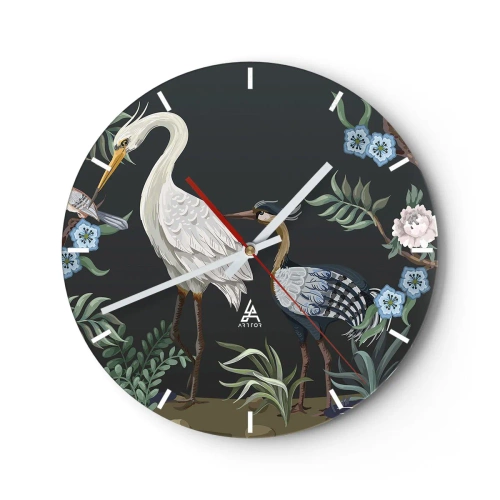 Ceas de perete - Ceas pe sticlă - Păsări decorative printre plante pe un fundal întunecat - 30x30cm - Parada păsărilor - Decorațiune modernă pentru perete pentru living, bucătărie și dormitor ARTTOR