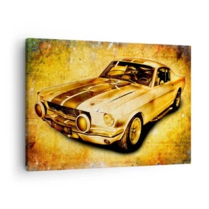 Tablou pe pânză Canvas - Mașină sport retro clasică pe un fundal vintage în tonuri aurii - 70x50cm - Nebunii ani '70. - Decorațiune modernă pentru perete pentru living și dormitor ARTTOR