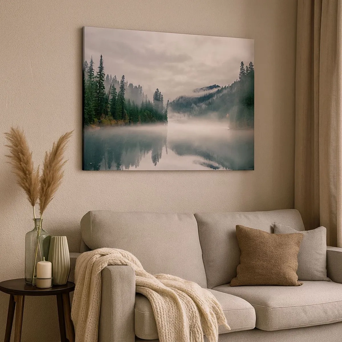 Tablou pe pânză Canvas - O pădure învăluită în ceață reflectată într-un lac liniștit - 70x50cm - În reverie, în ceață - Decorațiune modernă pentru perete pentru living și dormitor ARTTOR