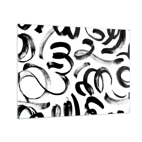 Tablou pe sticlă - Tușe de pensulă abstracte alb-negru - 70x50cm - Negru pe alb - Decorațiune modernă pentru perete pentru living și dormitor ARTTOR
