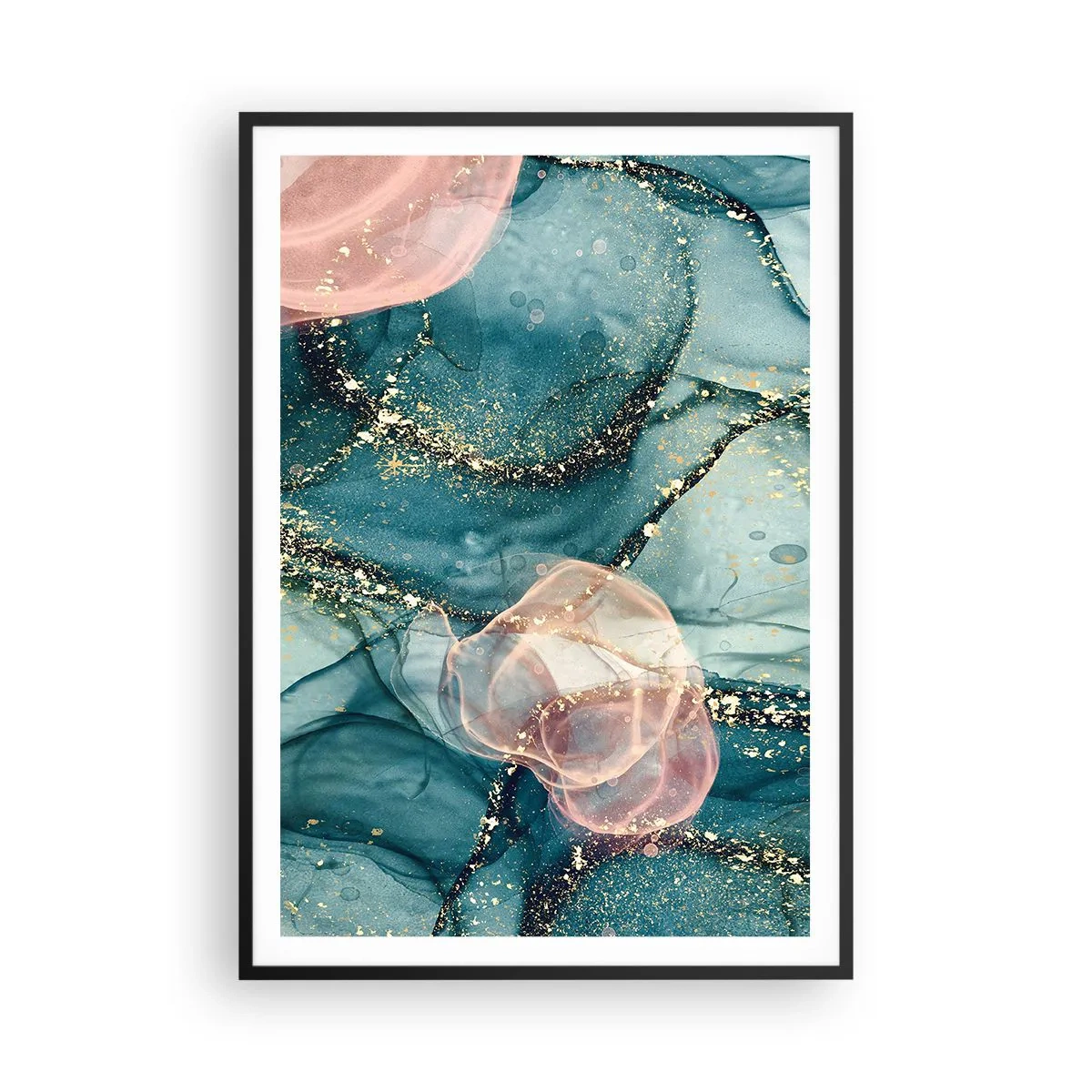 Poster în ramă neagră - Mătase albastră, tul roz - 70x100 cm