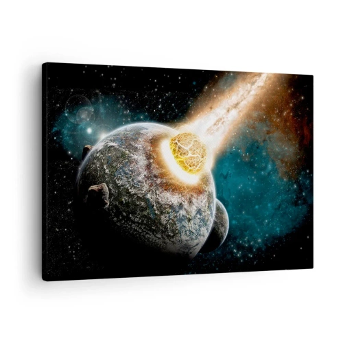 Tablou pe pânză Canvas - Coliziune cosmică a unei planete cu un asteroid în vecinătatea galaxiei. - 70x50cm - Anihilare sau naștere? - Decorațiune modernă pentru perete pentru living și dormitor ARTTOR
