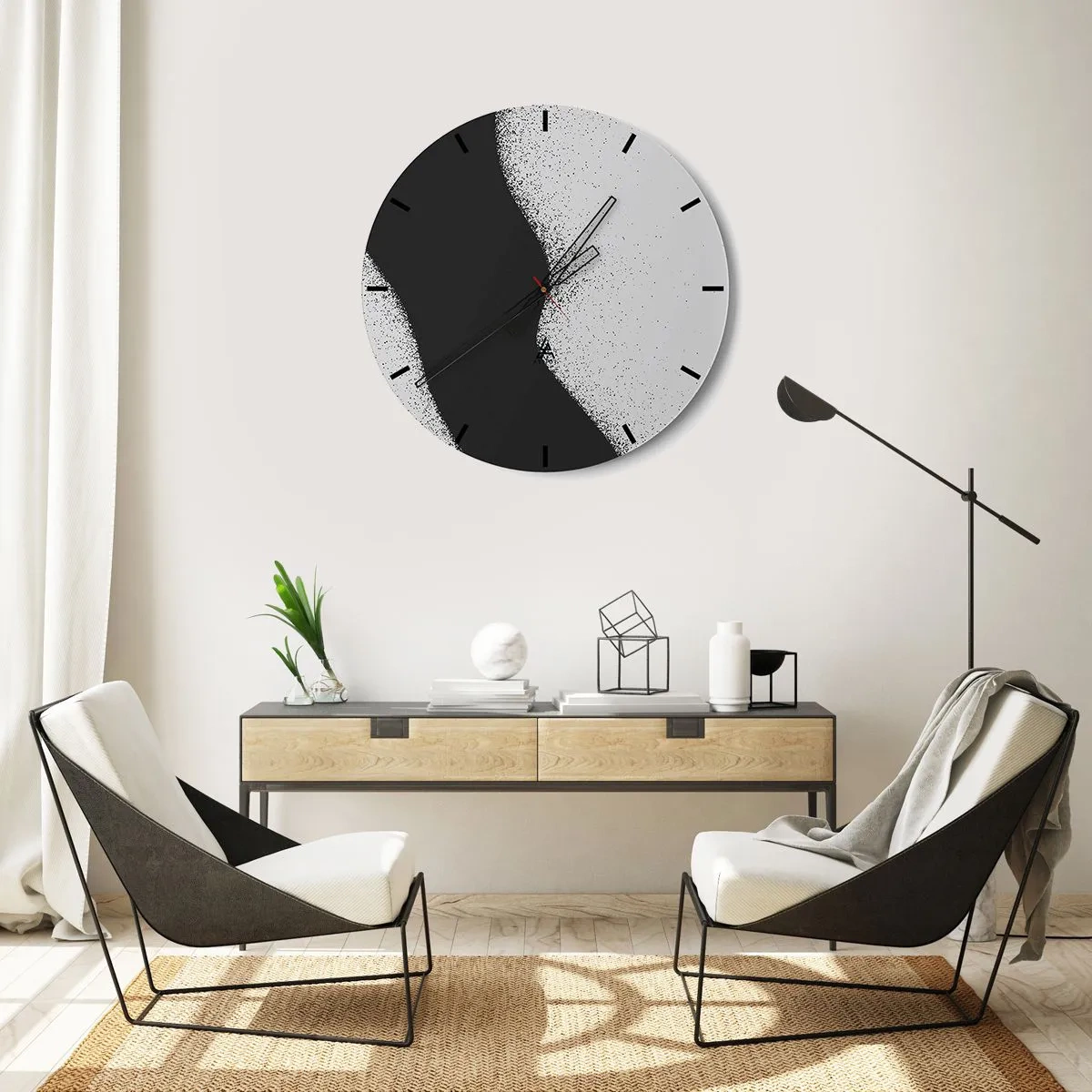 Ceas de perete - Ceas pe sticlă - Abstracție alb-negru cu o tranziție lină și un efect granulat - 30x30cm - Echilibru lichid - Decorațiune modernă pentru perete pentru living, bucătărie și dormitor ARTTOR