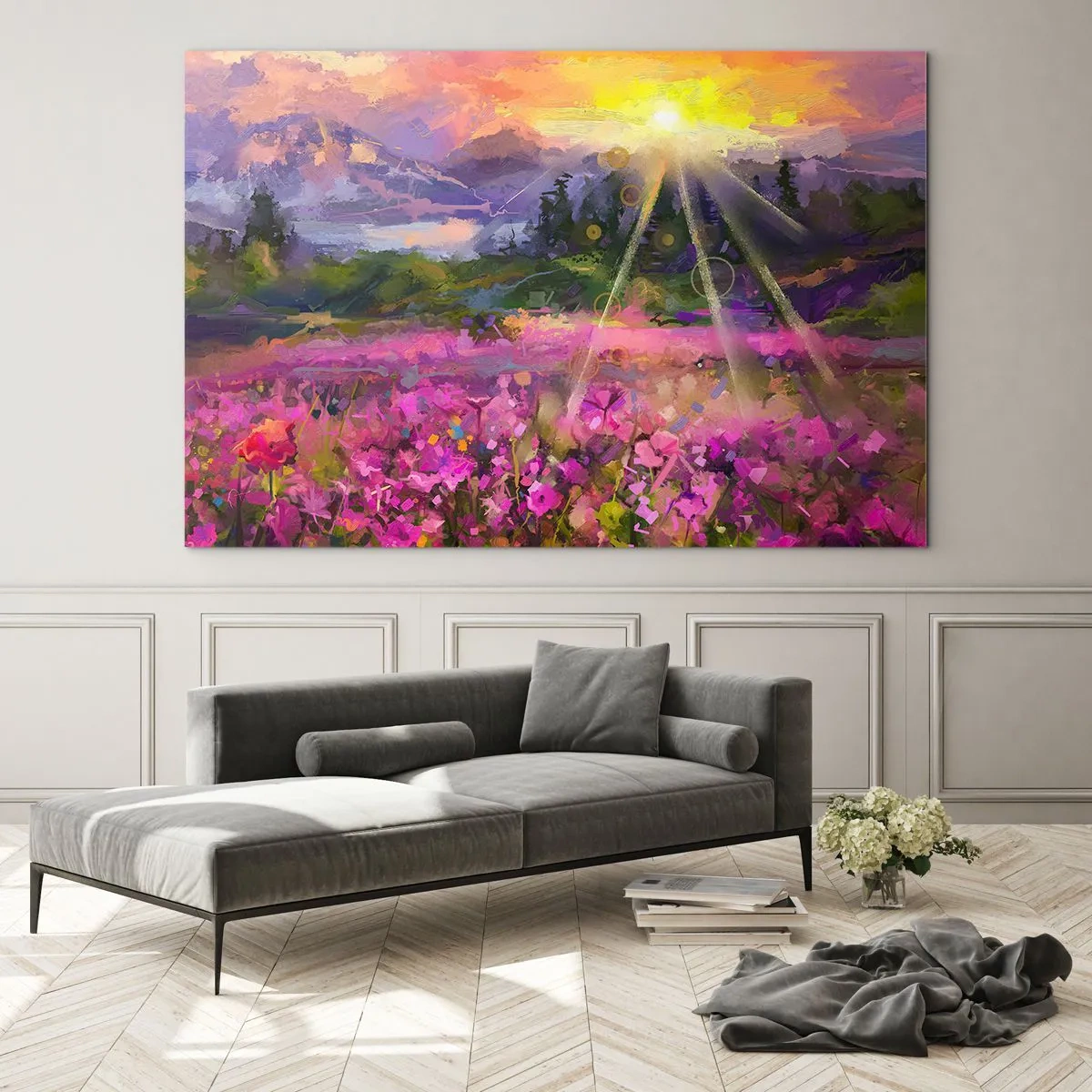 Tablou pe sticlă - O vale pitorească plină de flori, iluminată de razele soarelui - 70x50cm - Într-o vale sub protecția soarelui - Decorațiune modernă pentru perete pentru living și dormitor ARTTOR