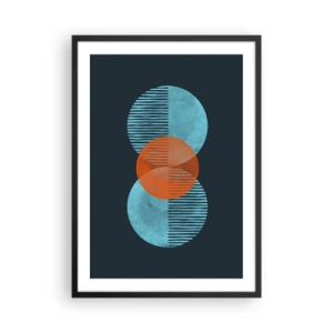 Poster în ramă neagră - Cercuri simetrice în nuanțe de albastru și portocaliu cu linii - 50x70cm - Compoziție simetrică - Decorațiune modernă pentru perete pentru living și dormitor ARTTOR