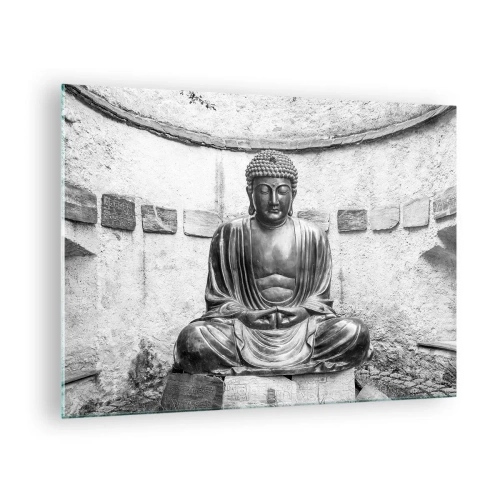 Tablou pe sticlă - Statuie alb-negru a lui Buddha într-o poză meditativă - 70x50cm - La sursa păcii - Decorațiune modernă pentru perete pentru living și dormitor ARTTOR