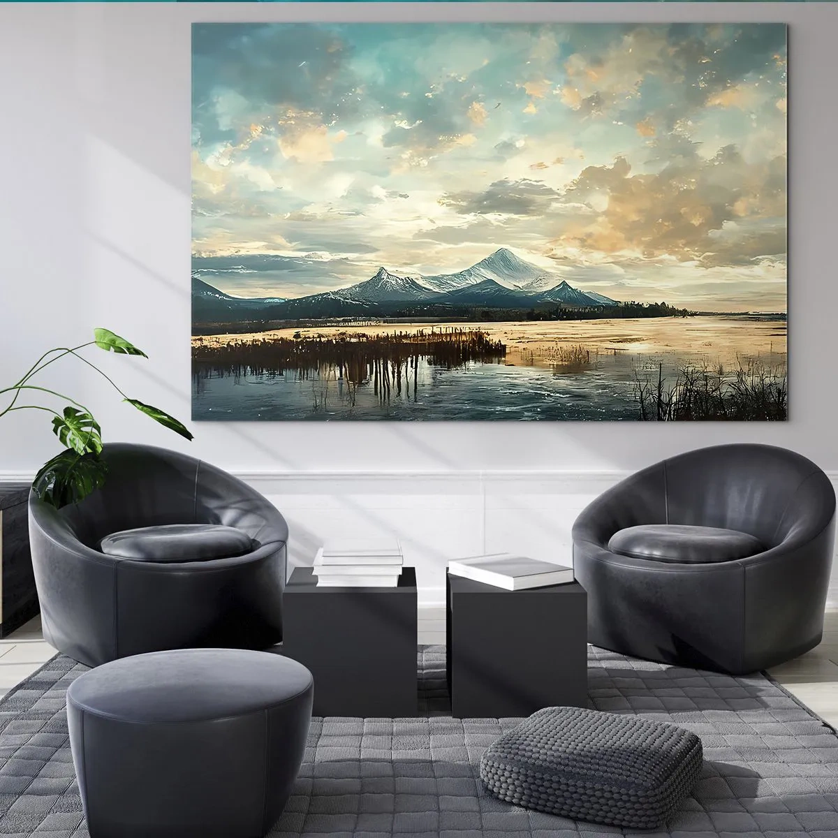 Tablou pe sticlă - Peisaj de iarnă cu munți și un lac înghețat - 70x50cm - Sub protecția cerului - Decorațiune modernă pentru perete pentru living și dormitor ARTTOR