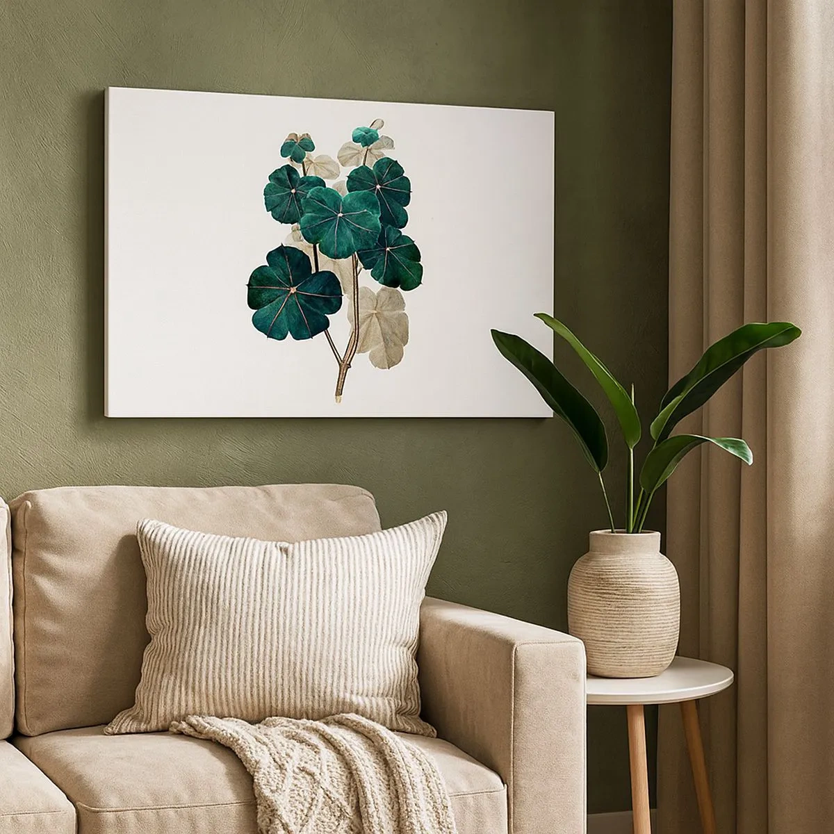 Tablou pe pânză Canvas - Ilustrație botanică cu frunze în nuanțe de verde și bej - 70x50cm - Dintr-un vechi ierbar - Decorațiune modernă pentru perete pentru living și dormitor ARTTOR