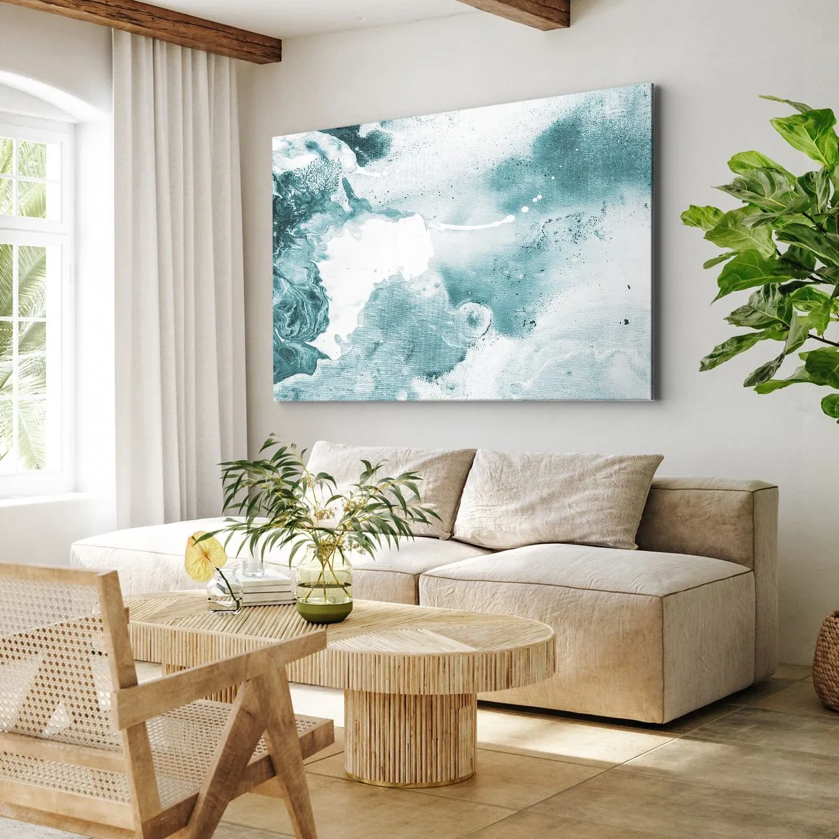 Tablou pe pânză Canvas - Abstracție în nuanțe de albastru cu accente delicate de alb - 70x50cm - Câmpii inundabile de albastru - Decorațiune modernă pentru perete pentru living și dormitor ARTTOR