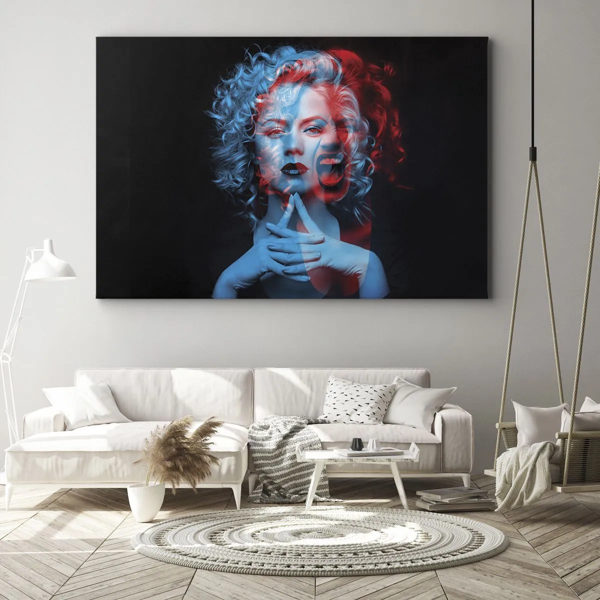 Tablou pe pânză Canvas - Portret dublu al unei femei în roșu și albastru - 70x50cm - Alter ego - Decorațiune modernă pentru perete pentru living și dormitor ARTTOR