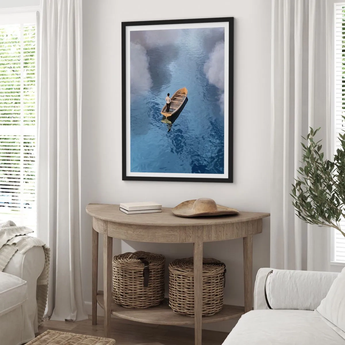 Poster în ramă neagră - O persoană într-o barcă plutind pe apă, reflectând cerul și norii. - 50x70cm - Viață - călătorie - necunoscut - Decorațiune modernă pentru perete pentru living și dormitor ARTTOR