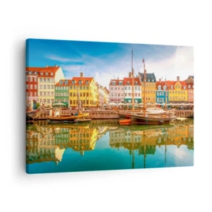 Tablou pe pânză Canvas - Case colorate pe canal în Copenhaga - 70x50cm - Spre o apă netedă ca o oglindă - Decorațiune modernă pentru perete pentru living și dormitor ARTTOR