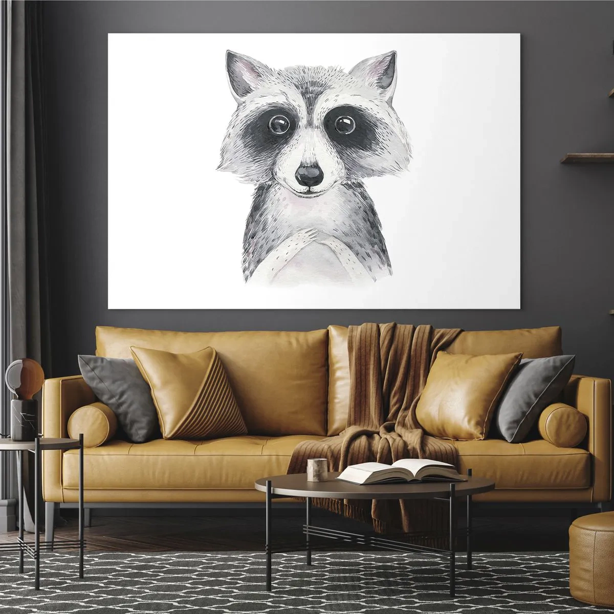 Tablou pe sticlă - Portretul unui câine raton în alb și negru - 70x50cm - Un moment pentru emoții - Decorațiune modernă pentru perete pentru living și dormitor ARTTOR