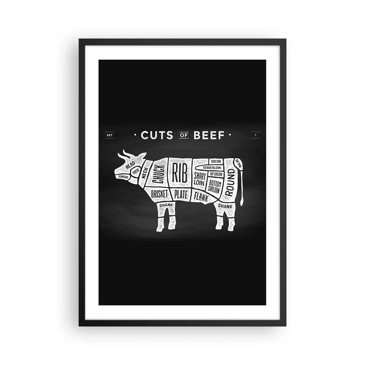 Poster în ramă neagră - Abecedar de măcelar - 50x70 cm