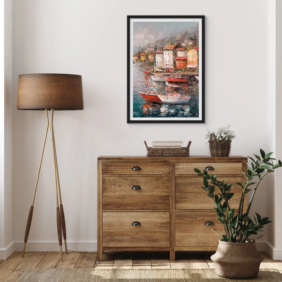 Poster în ramă neagră - Un port pitoresc cu veliere în stil impresionist - 50x70cm - Portul romantic - Decorațiune modernă pentru perete pentru living și dormitor ARTTOR