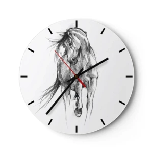 Ceas de perete - Ceas pe sticlă - O schiță în creion a unui cal în galop pe fundal alb. - 30x30cm - Într-un trap grațios - Decorațiune modernă pentru perete pentru living, bucătărie și dormitor ARTTOR