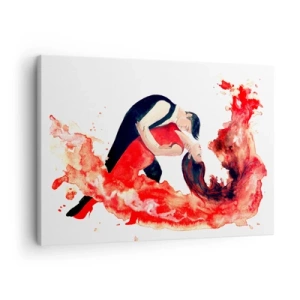 Tablou pe pânză Canvas - O pictură dinamică în acuarelă reprezentând un cuplu dansator în culori roșii. - 70x50cm - Tango - un val senzual - Decorațiune modernă pentru perete pentru living și dormitor ARTTOR