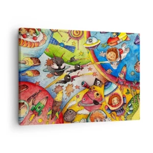 Tablou pe pânză Canvas - O scenă spațială colorată, plină de copii și nave spațiale - 70x50cm - O mare aventură spațială - Decorațiune modernă pentru perete pentru living și dormitor ARTTOR